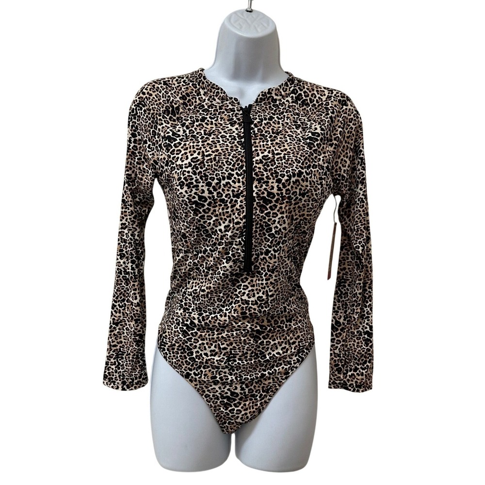 Betsey Johnson Leopard Print Long Sleeve Scuba Zip Up Swimsuit XL BJOP-313 NEW